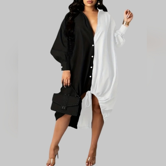 🛑BOGO FREE 🆕Chic Collared Drawstring Hem Shirt Dress - Picture 4 of 11